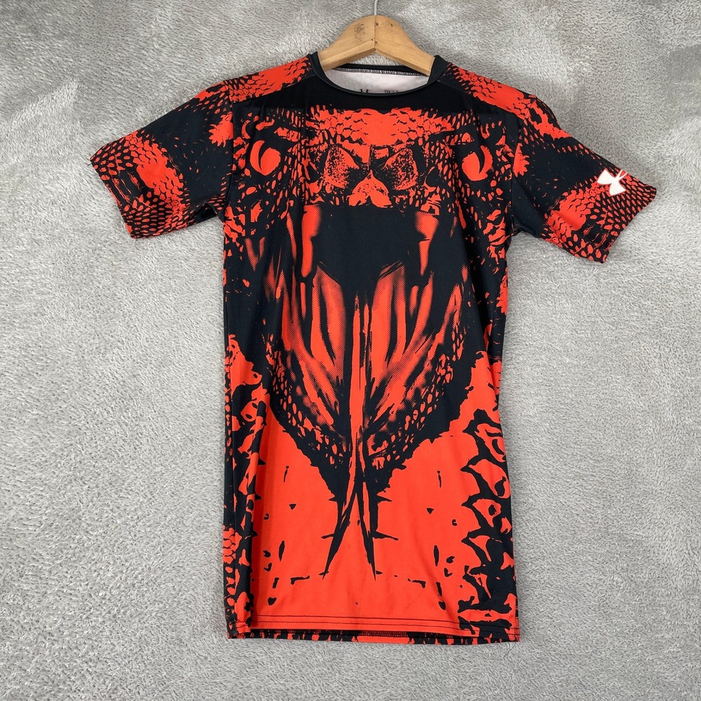 Under Armour Shirt Mens Small Red Black Snakeskin HeatGear Compression Gym Top